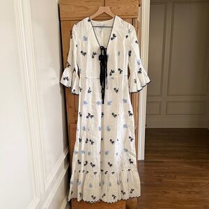 White Floral Tie-Front Maxi Dress with Ruffle Sleeves